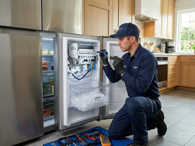 Appliance Repair Hero technician repairing a refrigerator ice maker in Buzzards Bay, MA