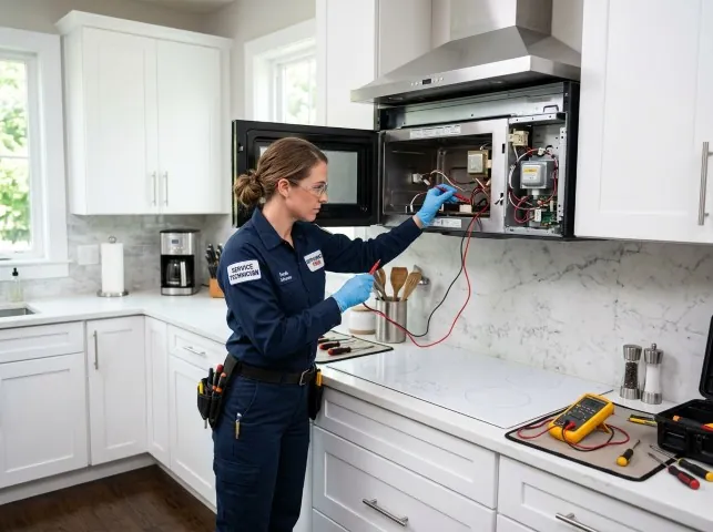 Appliance Repair Hero technician testing an over-the-range microwave in a Buzzards Bay, MA kitchen