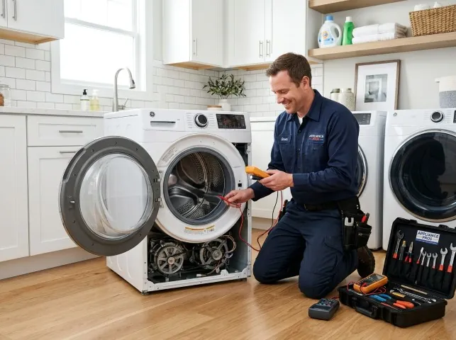 Appliance Repair Hero technician testing a front-load washer with a multimeter on a Buzzards Bay, MA service call